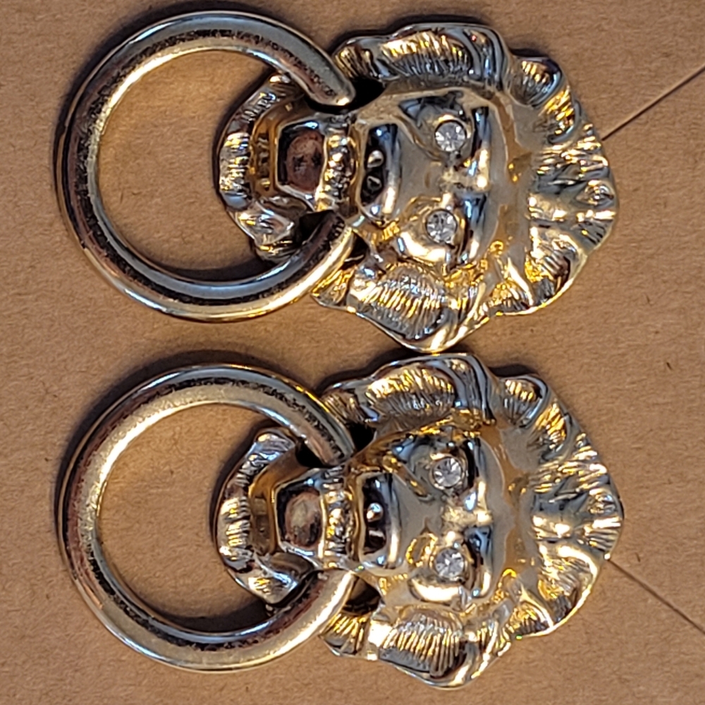 Lion Head Door Knocker Earrings Gold Plated Crystal Eyes KENNETH J LANE x AVON - Picture 6 of 15